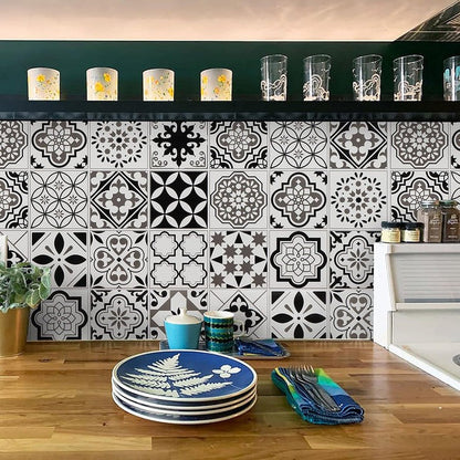 12pcs Black & White Tile Stickers – Waterproof Peel & Stick Home Decor