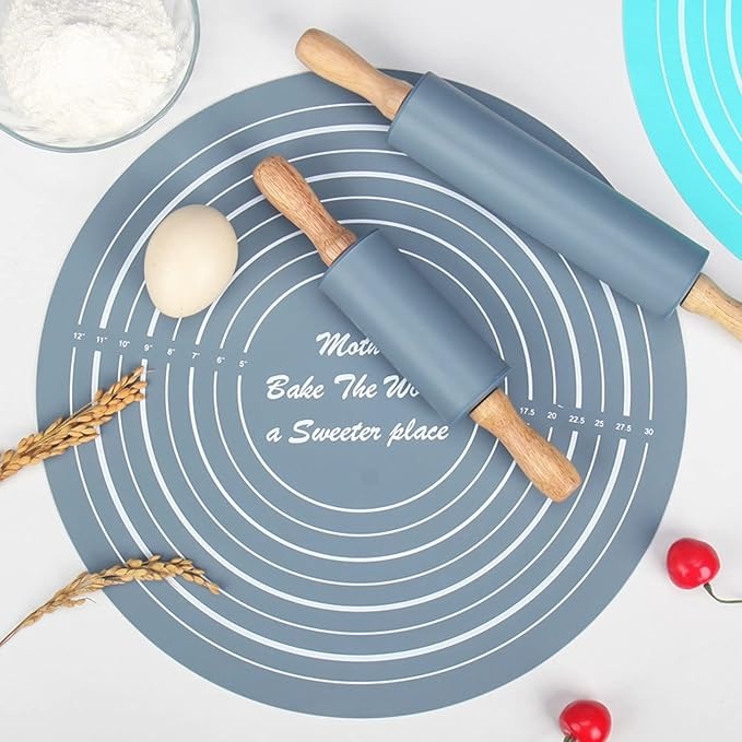 Round Silicone Rolling Mat with Wooden Rolling Pin