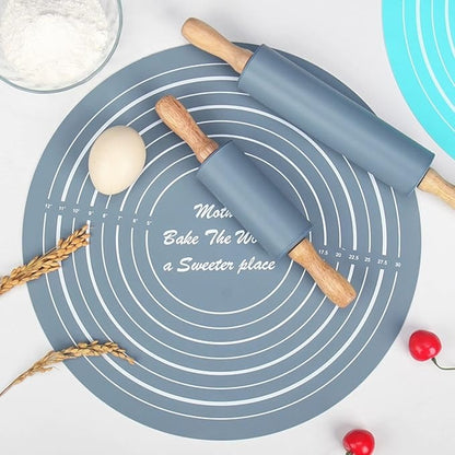 Round Silicone Rolling Mat with Wooden Rolling Pin