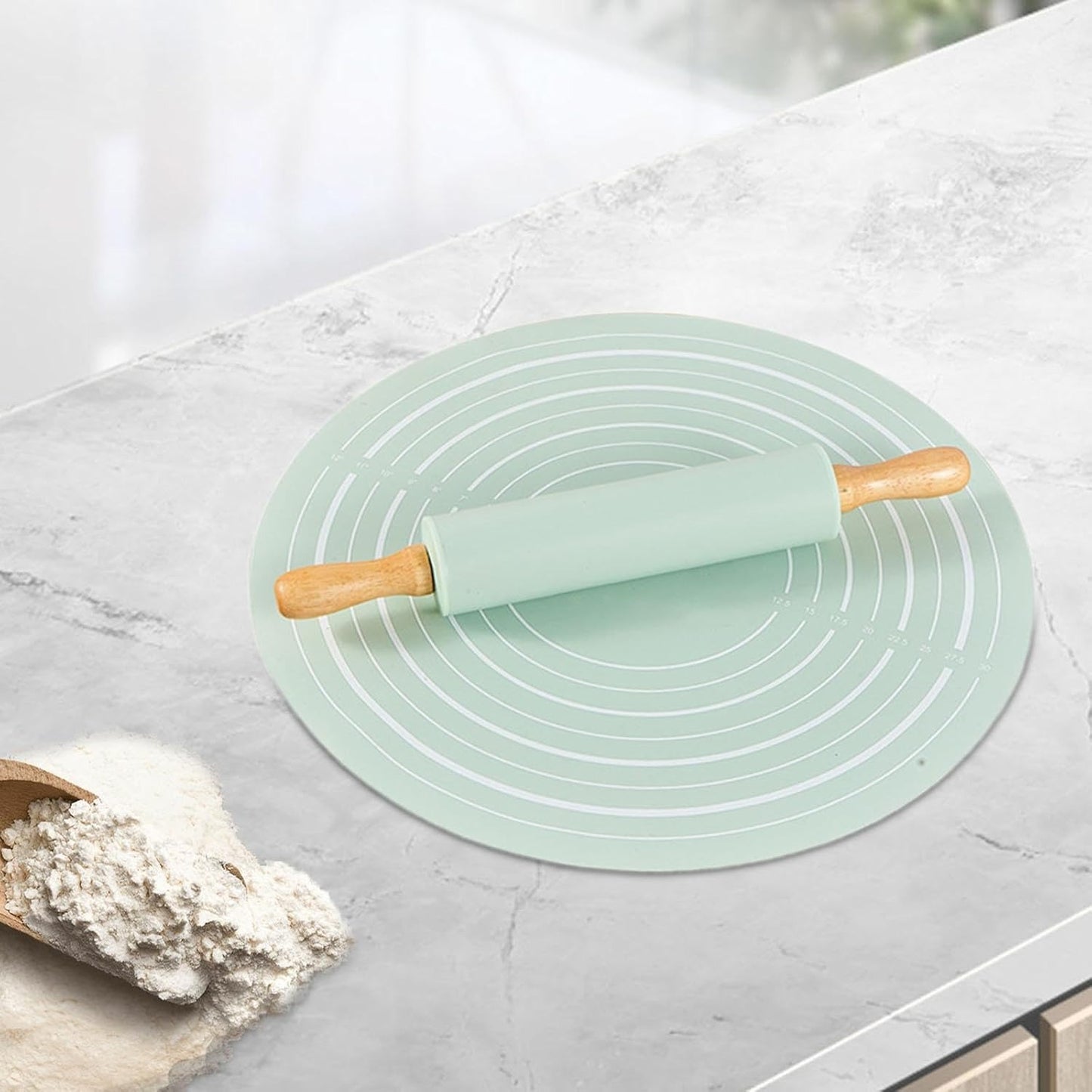 Round Silicone Rolling Mat with Wooden Rolling Pin