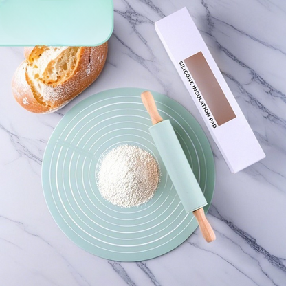 Round Silicone Rolling Mat with Wooden Rolling Pin