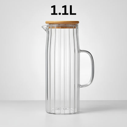 Elegant Ribbed Glass Jug With Wooden Lid  1.1L