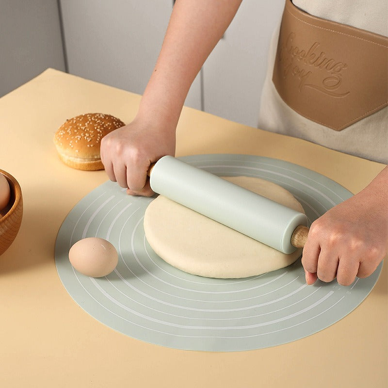 Round Silicone Rolling Mat with Wooden Rolling Pin