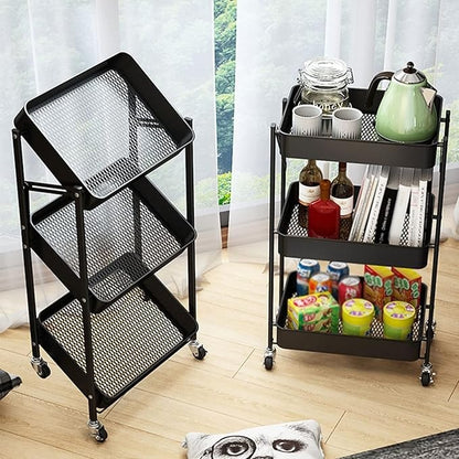 3-Tier Foldable Stainless Steel Rolling Cart