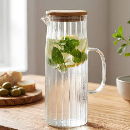Elegant Ribbed Glass Jug With Wooden Lid  1.1L