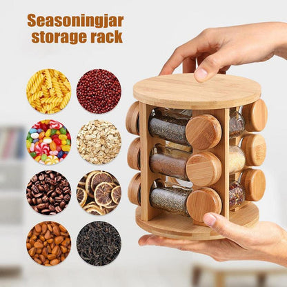 Wooden Rotating Spice Rack with 8 Glass Jars