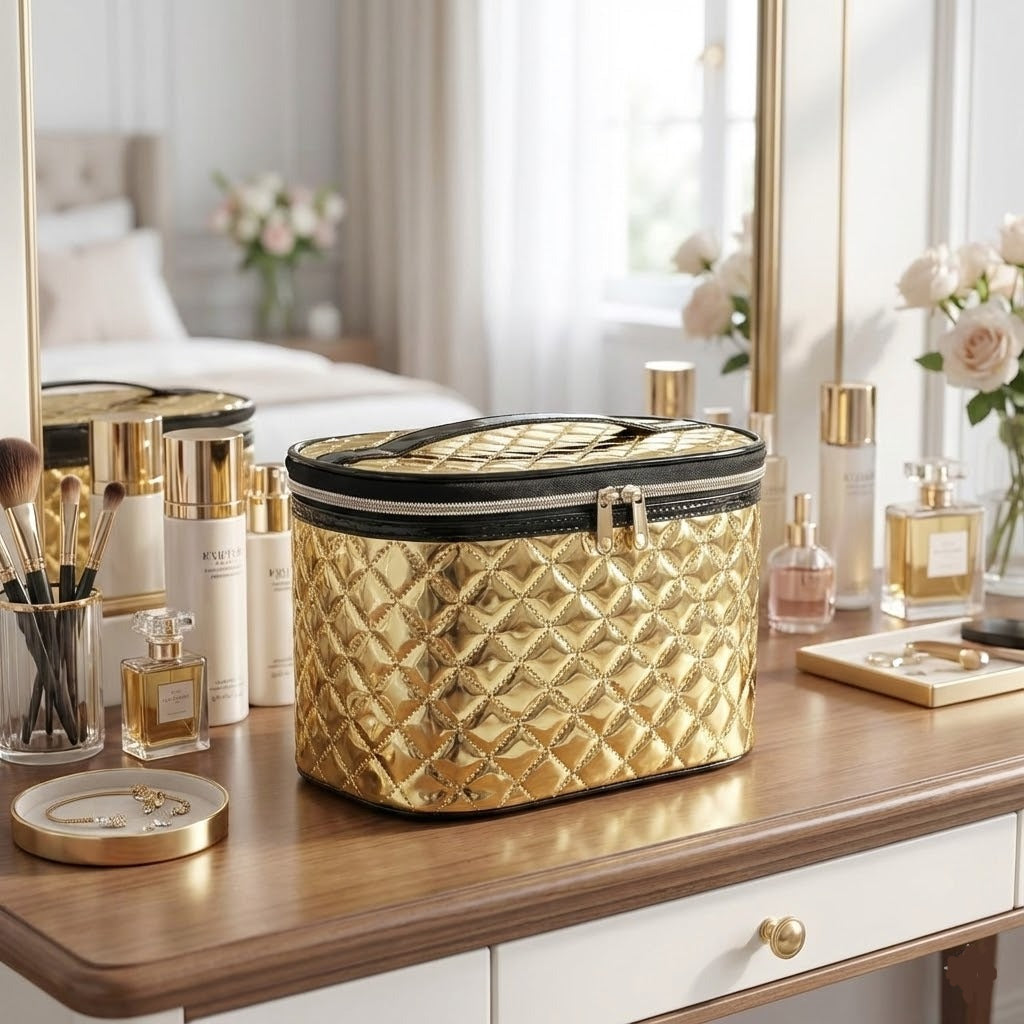 Portable Golden Makeup & Cosmetic Bags