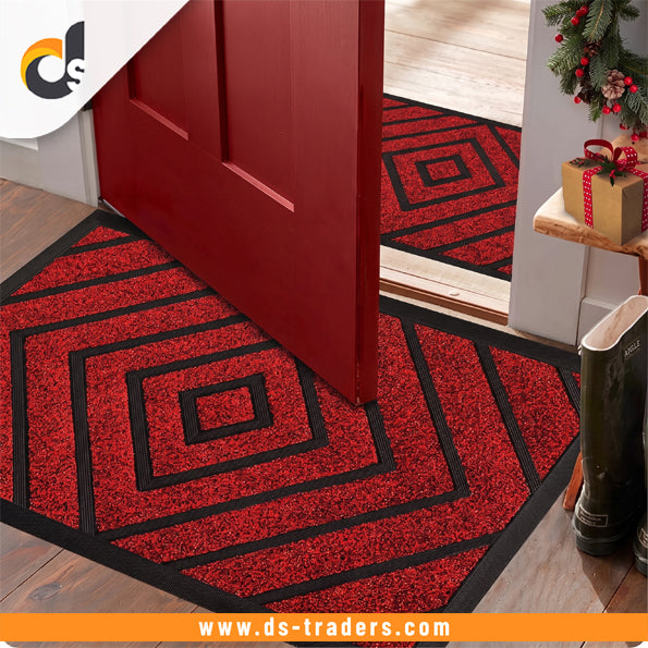 Red Geometric Non Slip Floor Mat
