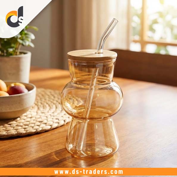 Glass Golden Cup With Wooden Lid and Straw