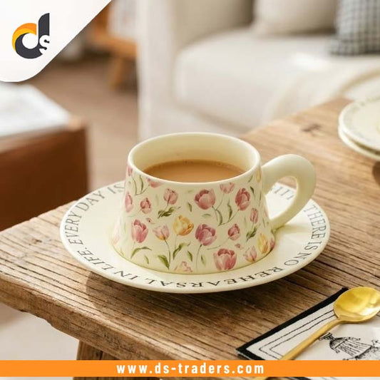 Flower Ceremic Coffee Mug with Sausar & Spoon