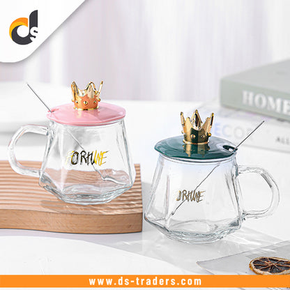 Crown Glass Cup With Lid & Spoon