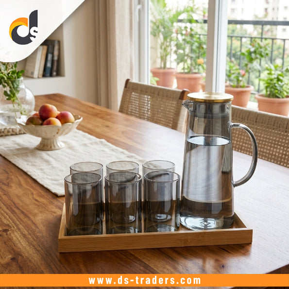 8PCs Glasses & Jug Set with Wooden Tray