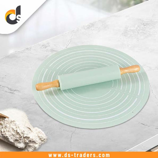 Round Silicone Rolling Mat with Wooden Rolling Pin