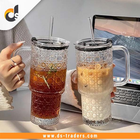 Stylish Glass Tumbler Cup with Handle & Straw