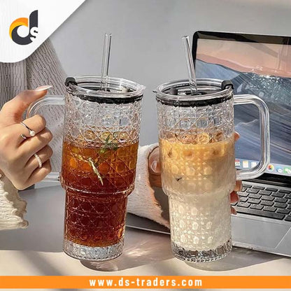 Stylish Glass Tumbler Cup with Handle & Straw
