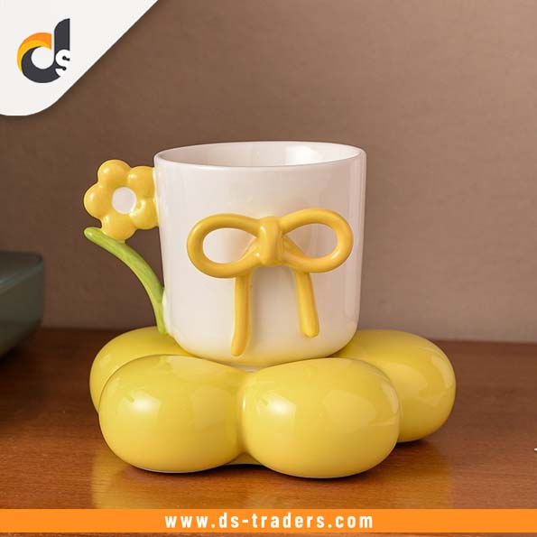 Creative Ceramic Bow Cup with Flower Sausar