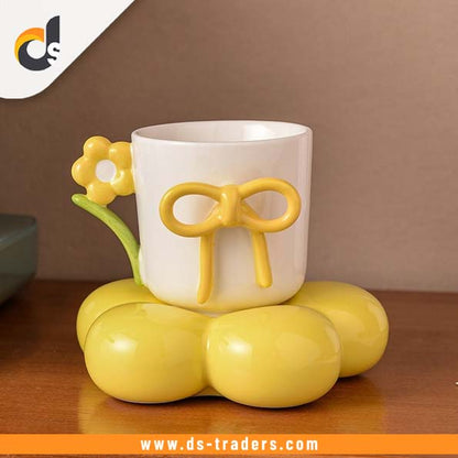 Creative Ceramic Bow Cup with Flower Sausar