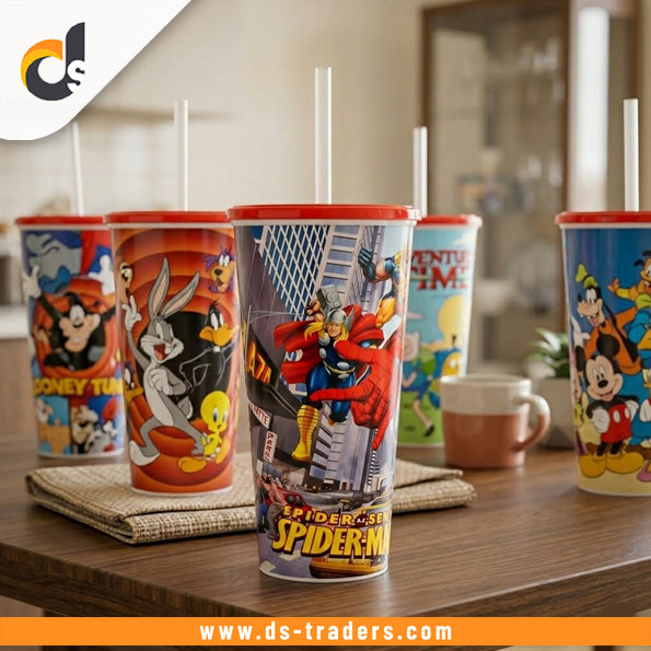 Cartoon Printed Reusable Cup with Lid & Straw