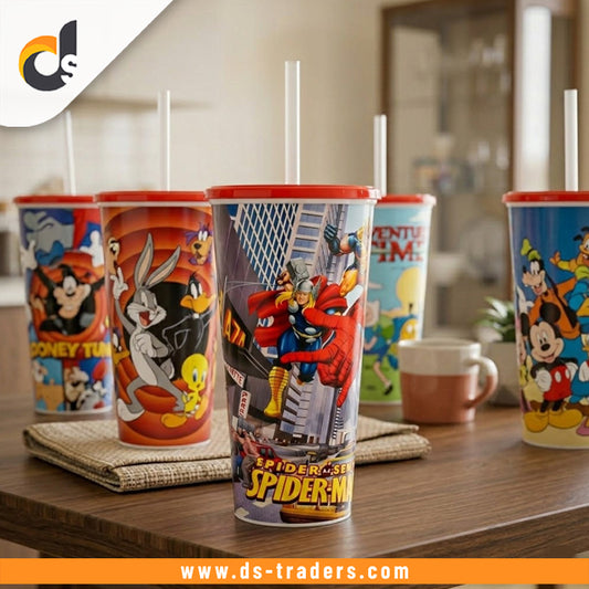 Cartoon Printed Reusable Cup with Lid & Straw