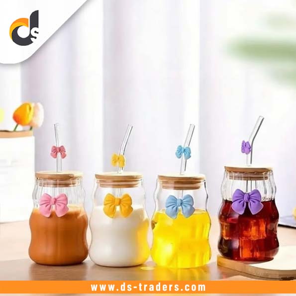 4PCs Glass Cup With Wooden Lid and Straw