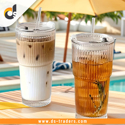 Ribbed Glass Coffee Cup With Lid & Straw