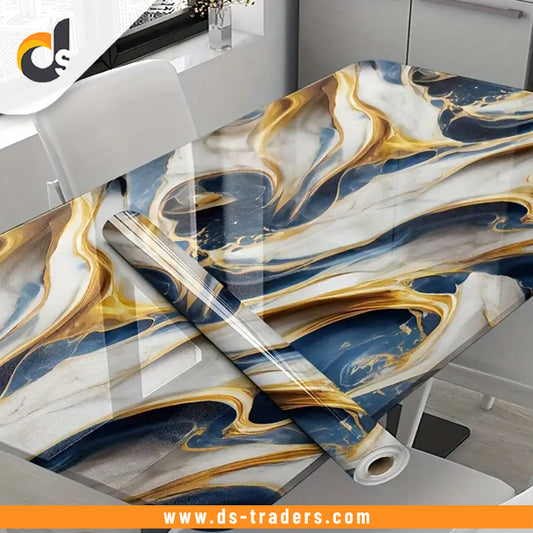 Waterproof Blue & Golden Marble Sheet (60cm x 2m)