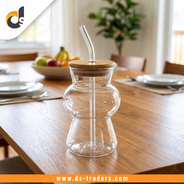 Glass Cups With Wooden Lid and Straw