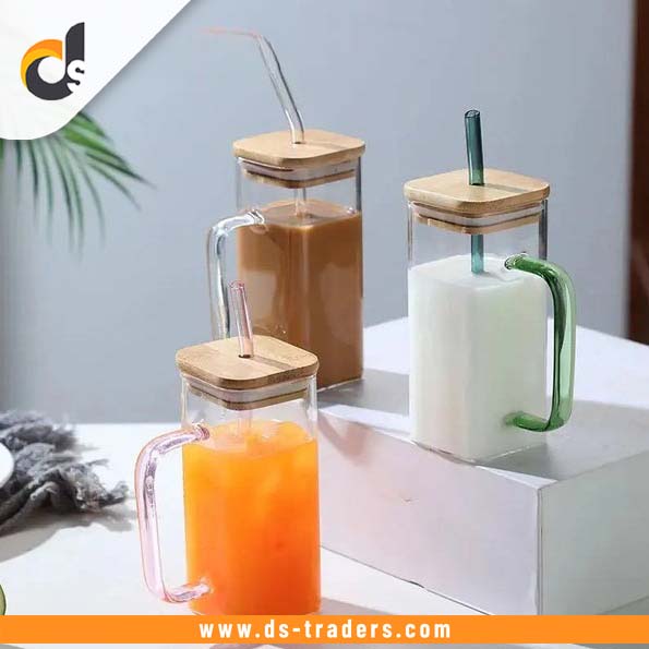 Glass Mug With Wooden Lid And Straw
