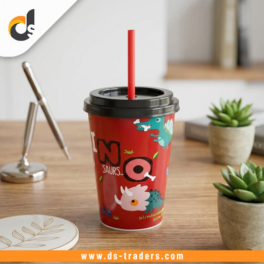 Cartoon Printed Reusable Cup with Lid & Straw