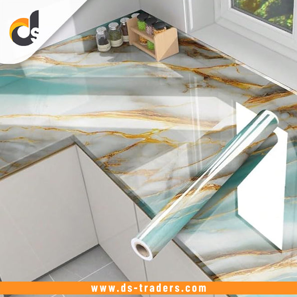 Waterproof Green & Golden Marble Sheet (60cm x 2m)