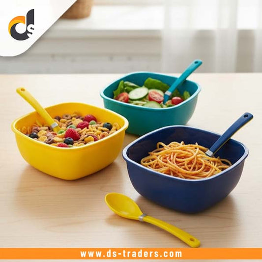 3PCs High Quality Plastic Square Bowl with Spoons