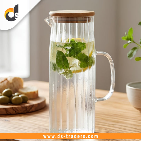 Elegant Ribbed Glass Jug With Wooden Lid  1.1L