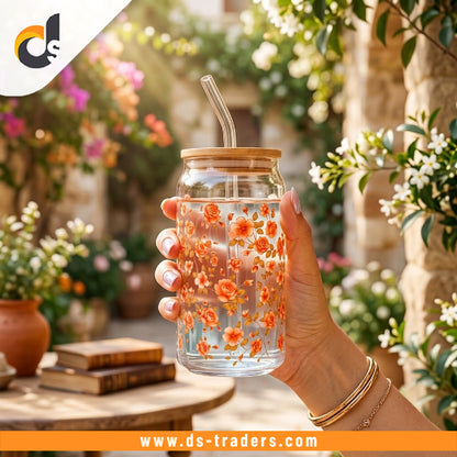 Elegant Floral Glass Mug with Wooden Lid