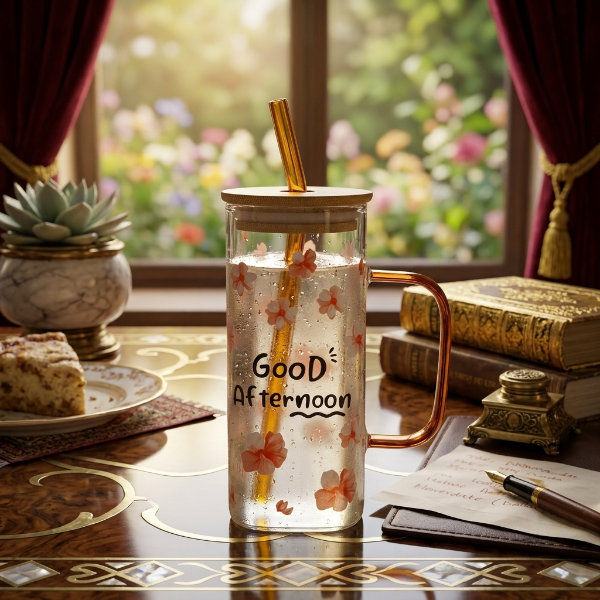 Elegant Greeting Glass Mug With Straw