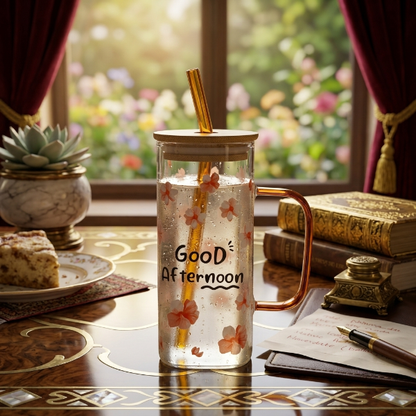 Elegant Greeting Glass Mug With Straw
