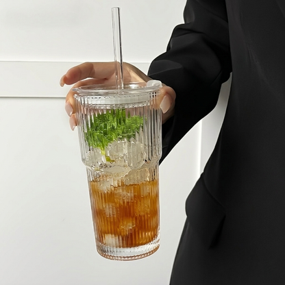 Ribbed Glass Coffee Cup With Lid & Straw