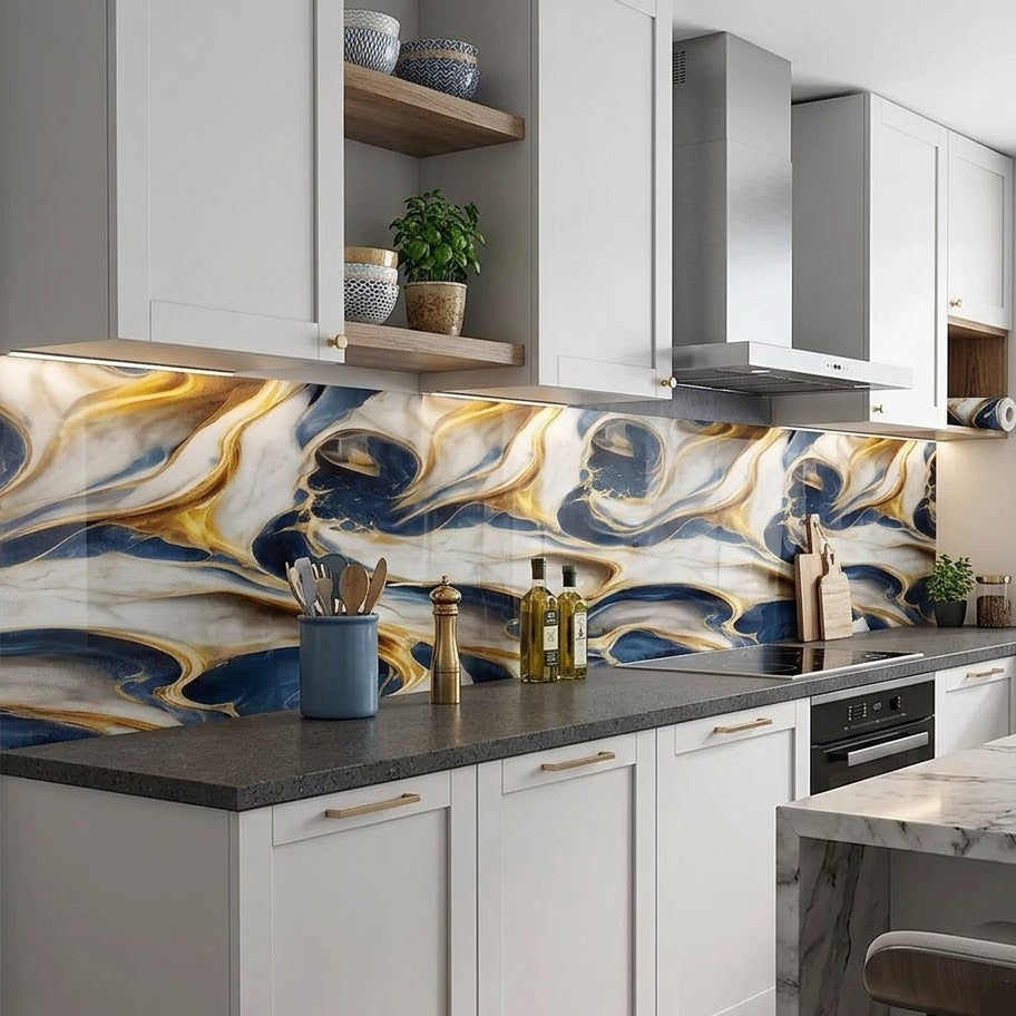 Waterproof Blue & Golden Marble Sheet (60cm x 2m)