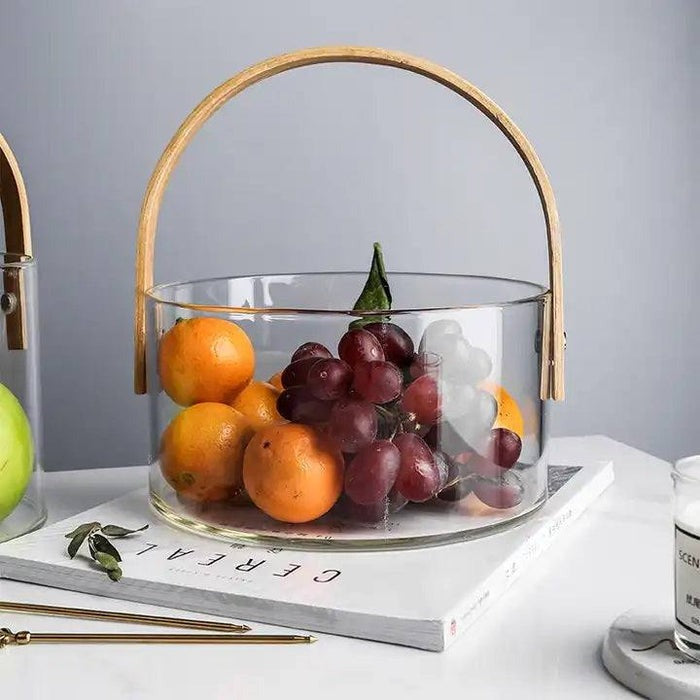 Round Glass Storage Basket with Wooden Handle