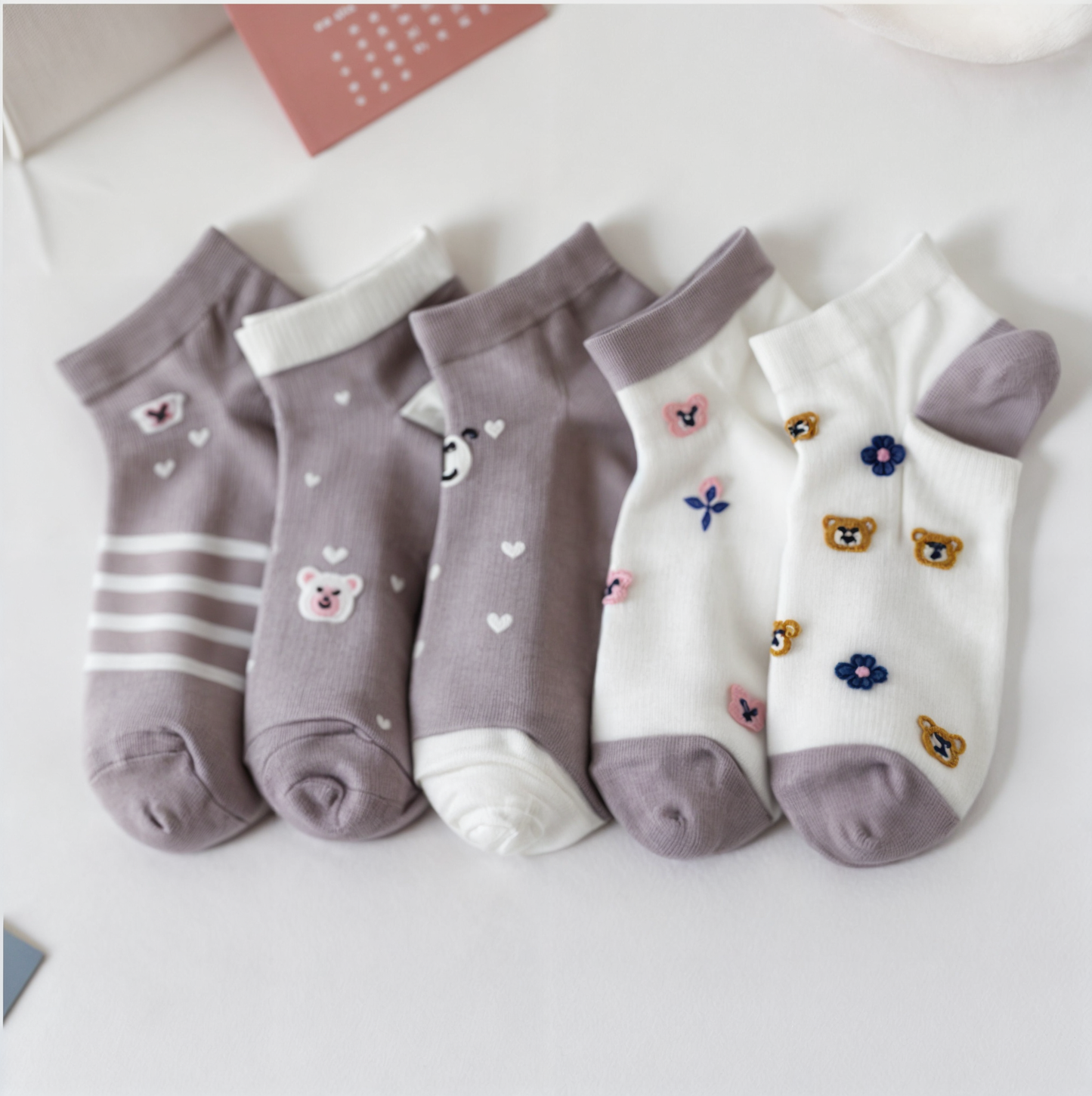 5Pairs/Set Cute Bear Printed Women's Cotton Socks