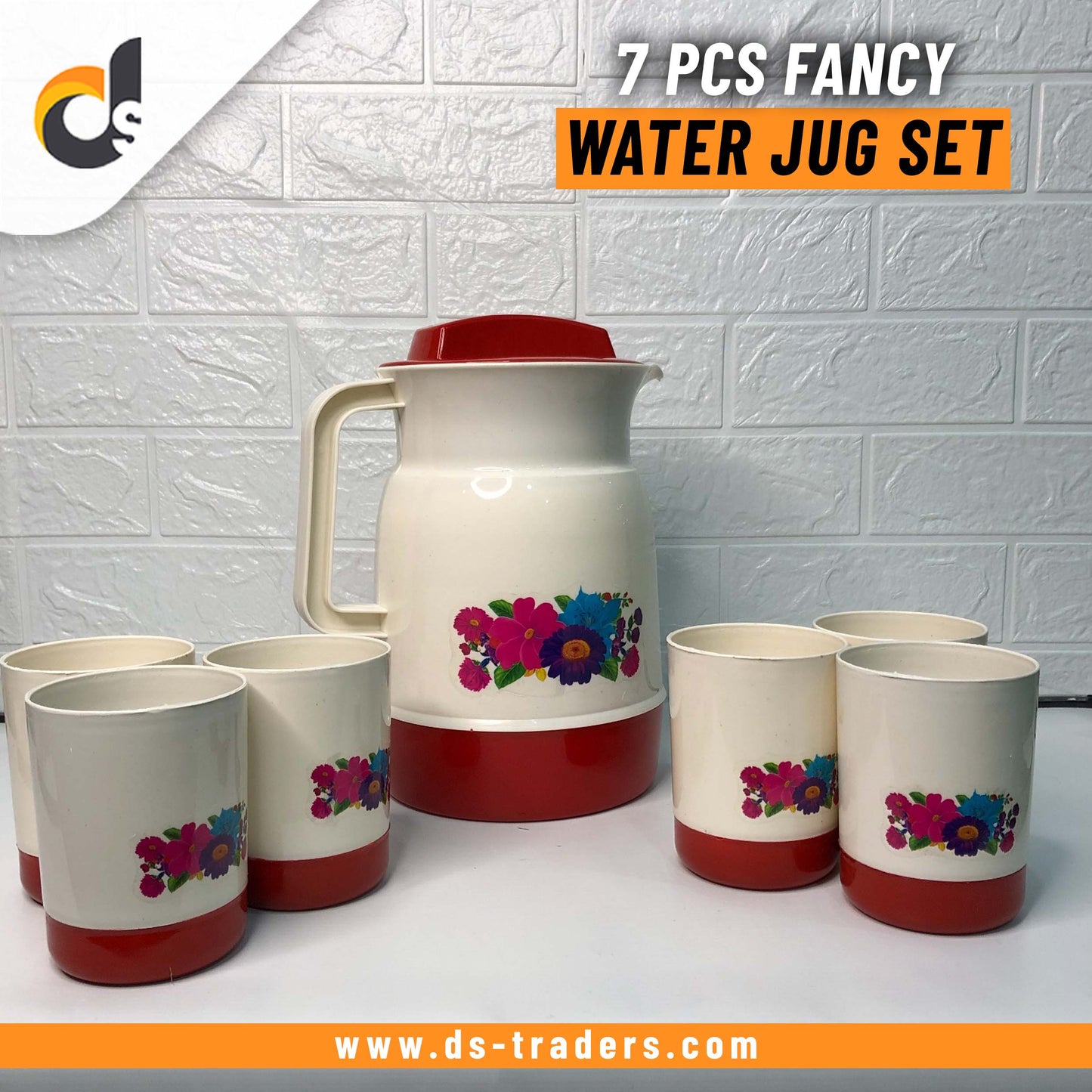 7 Pcs Fancy Plastic Water Jug Set Hot & Cold Water Jug & 6 Glasses