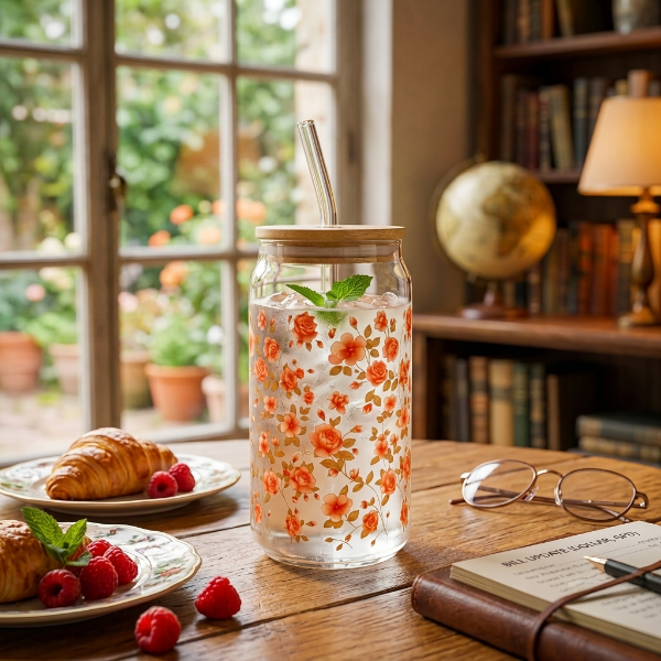 Elegant Floral Glass Mug with Wooden Lid