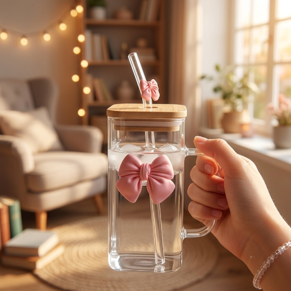 Elegant Square Bow Glass Mug with Wooden Lid