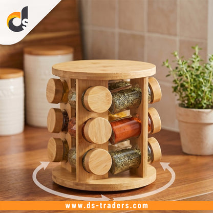 Wooden Rotating Spice Rack with 8 Glass Jars