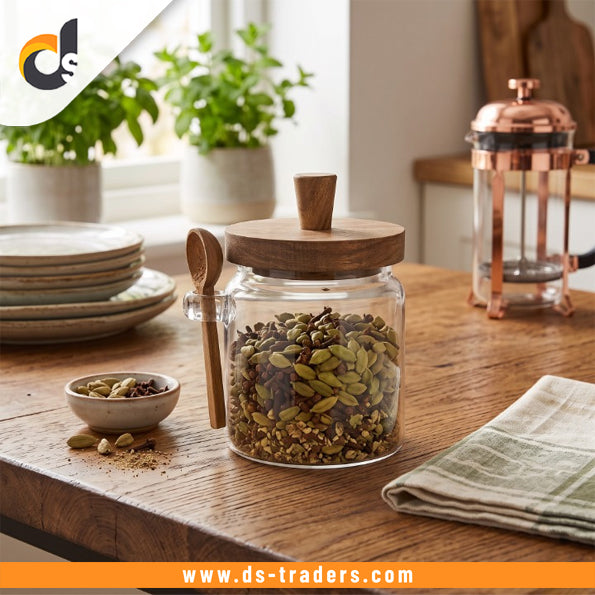 Elegant Glass Storage Jar With Wooden Lid & Spoon