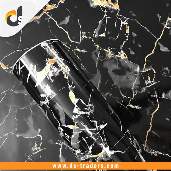 Waterproof Black & Golden Marble Sheet (60cm x 2m)