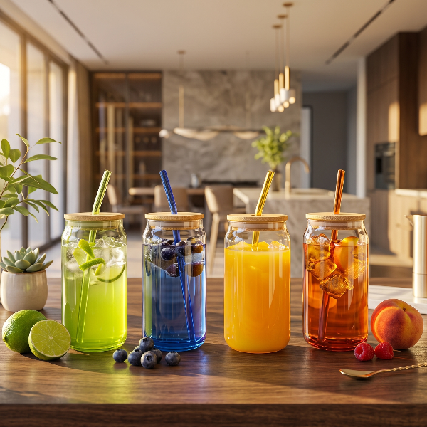 4PCs Rainbow Glass Mug With Wooden Lid