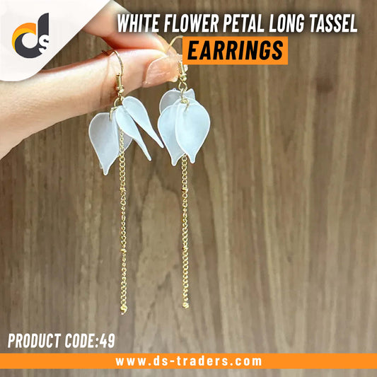 White Flower Petal Long Tassel Earrings