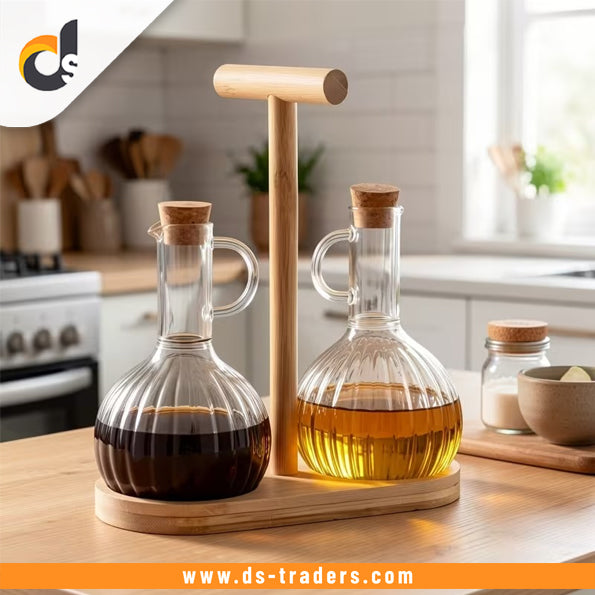 Elegant Glass Oil Dispenser with Wooden Stand