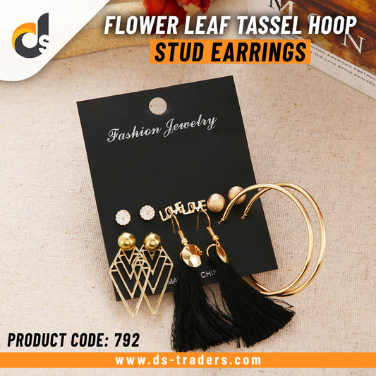 6 Pairs Flower Leaf Tassel Hoop Stud Earrings
