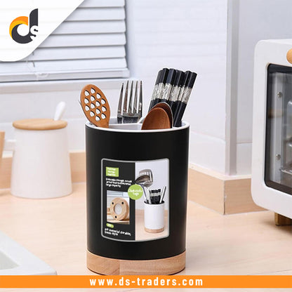 Elegant Utensil Storage Holder With Wooden Base